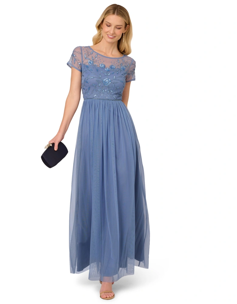 Beaded Mesh Shirred Dress