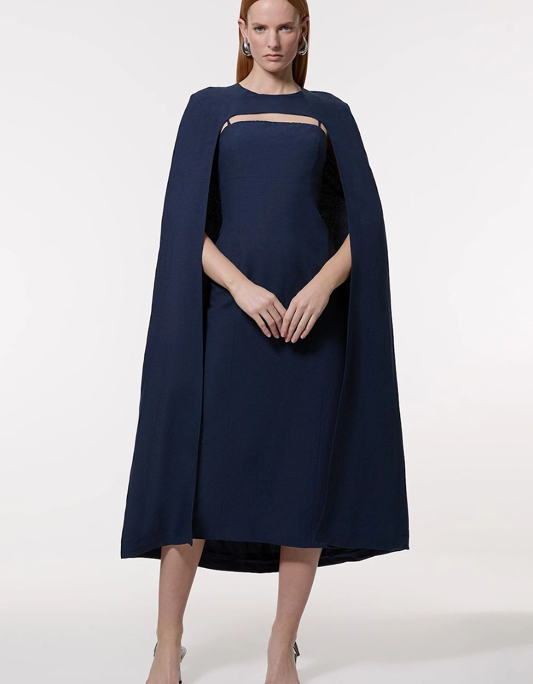Premium Tailored Linen Drama Cape Midi Dress, 2 of 1