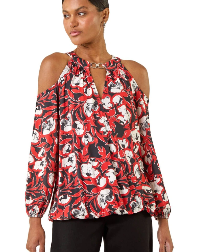 Printed Cold Shoulder Stretch Top