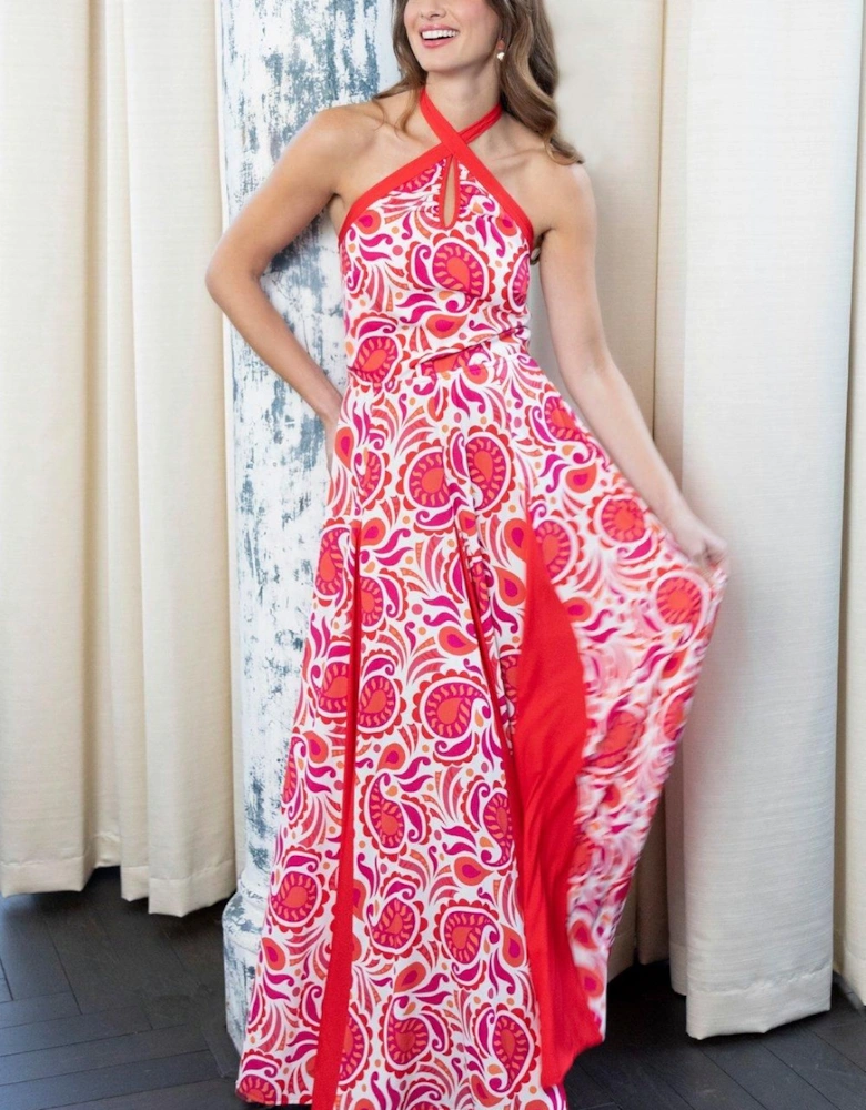 Halter Neck Maxi Dress with Contrast Panels