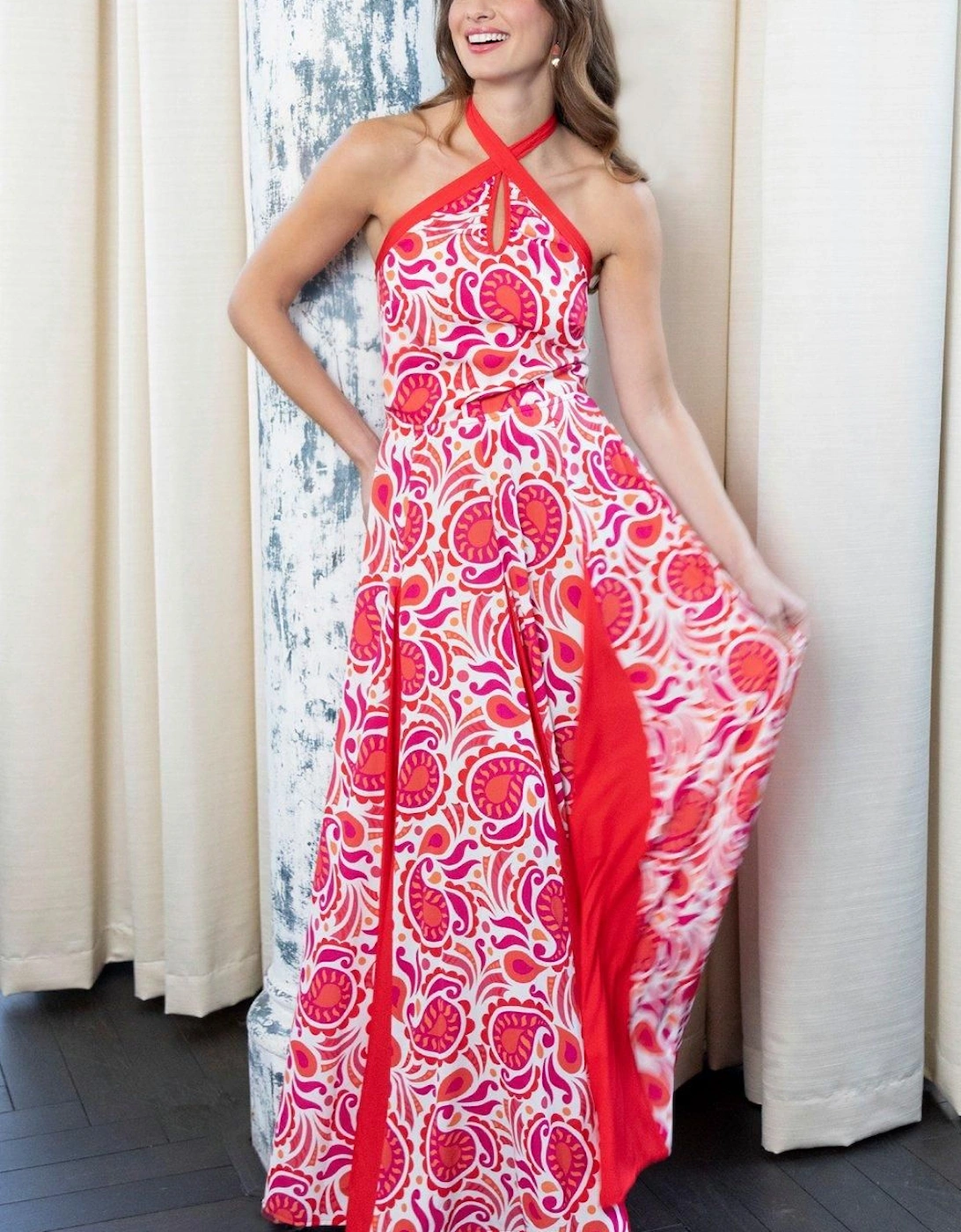 Halter Neck Maxi Dress with Contrast Panels, 2 of 1