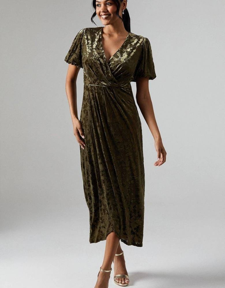 By Coast  Puff Sleeve Wrap Skirt Devore Midi Dress