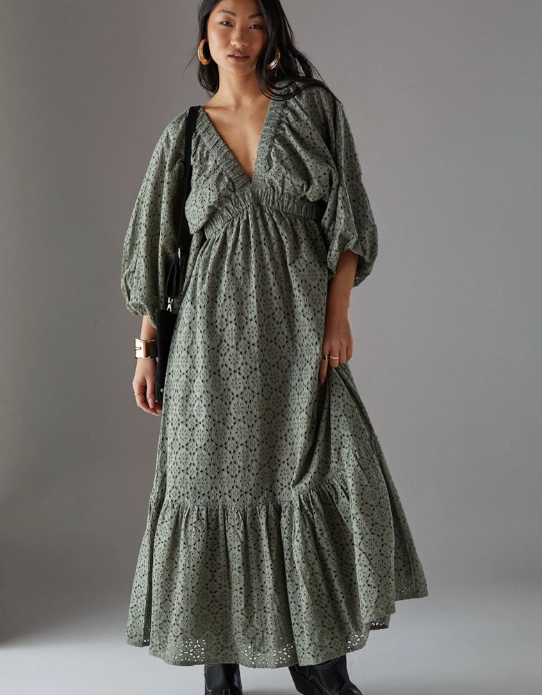 Petite Broderie Plunge Neck Volume Sleeve Smock Midi Dress