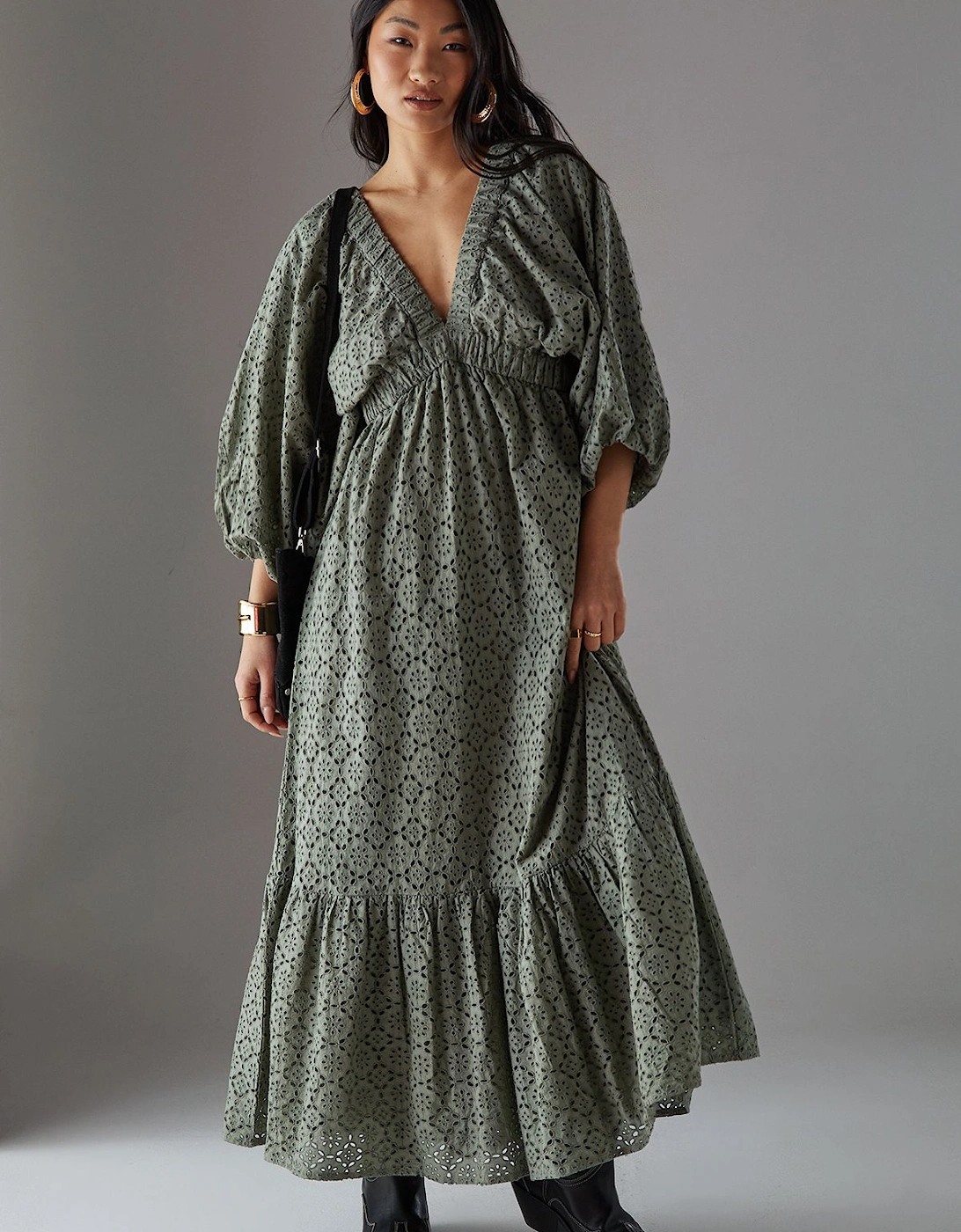 Petite Broderie Plunge Neck Volume Sleeve Smock Midi Dress, 2 of 1
