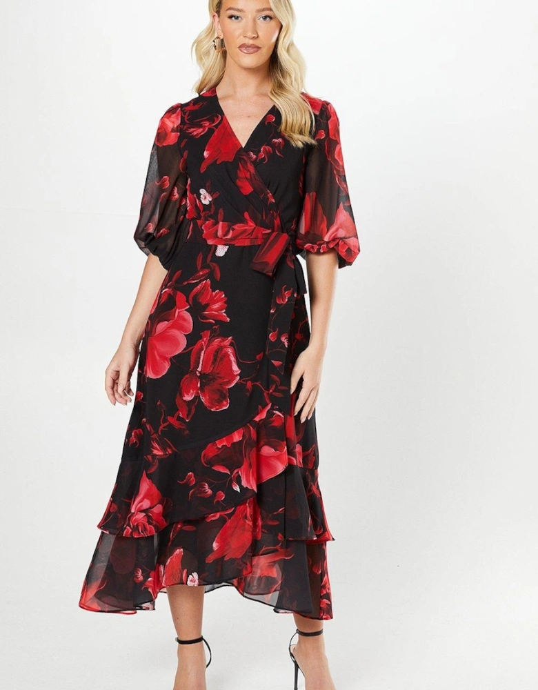 By Coast Printed Chiffon Tiered Wrap Dress