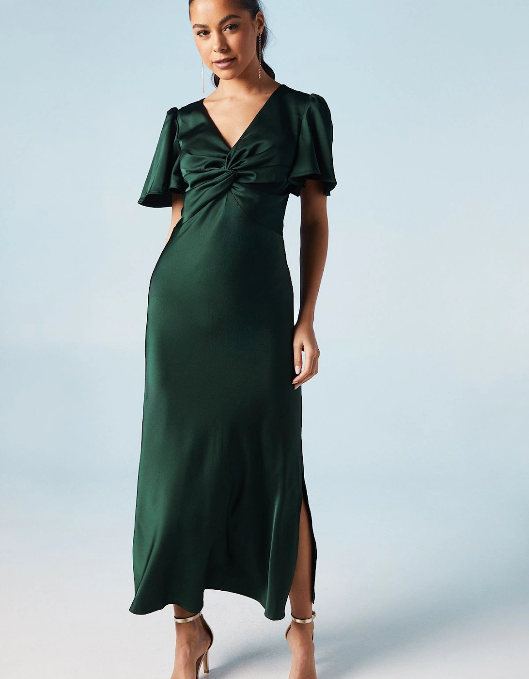 Satin Twist Front Angel Sleeve Midi Bridesmaid Dress, 2 of 1