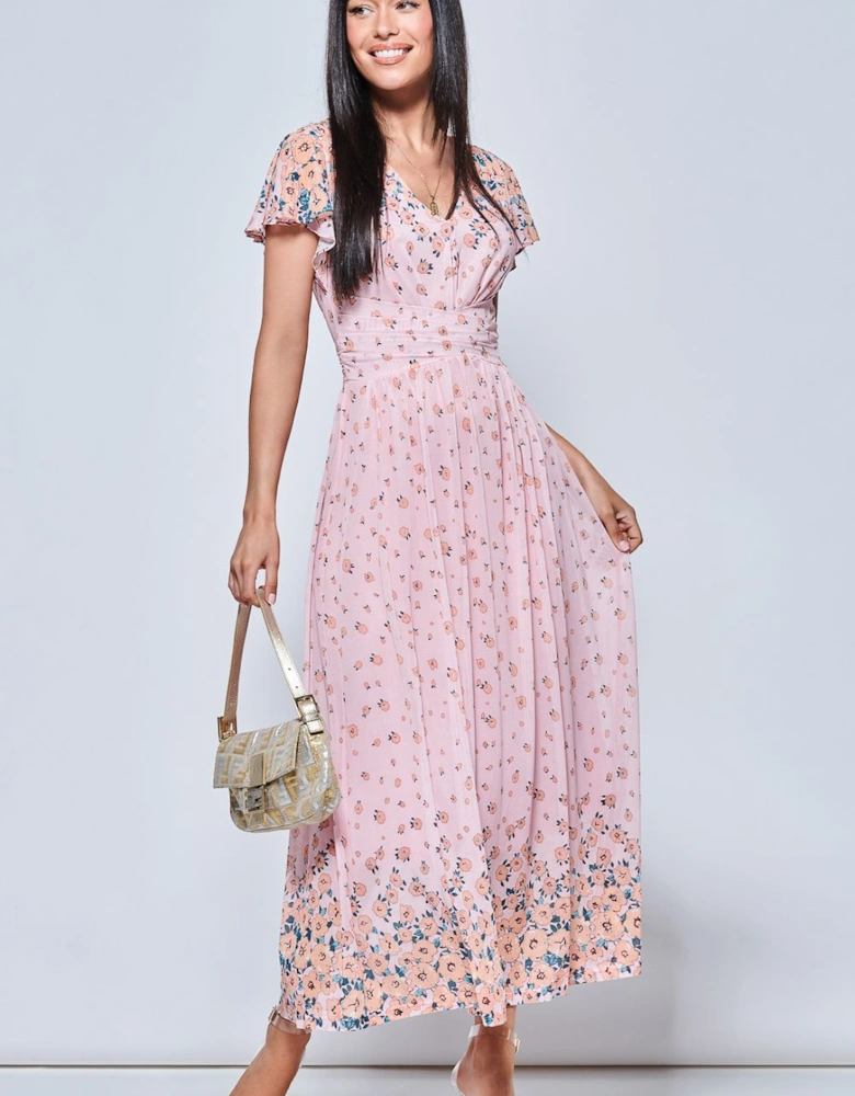 Mirrored Floral Print Mesh Maxi Dress