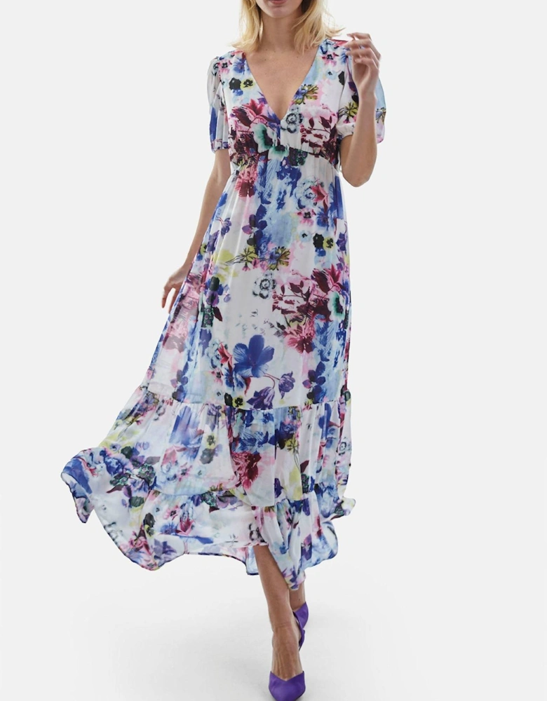 V-neck Floral Midi Dress Blue