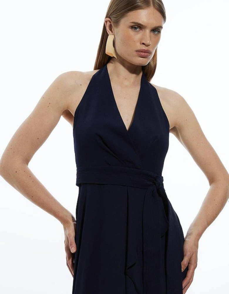 Soft Tailored Waterfall Halter Maxi Dress