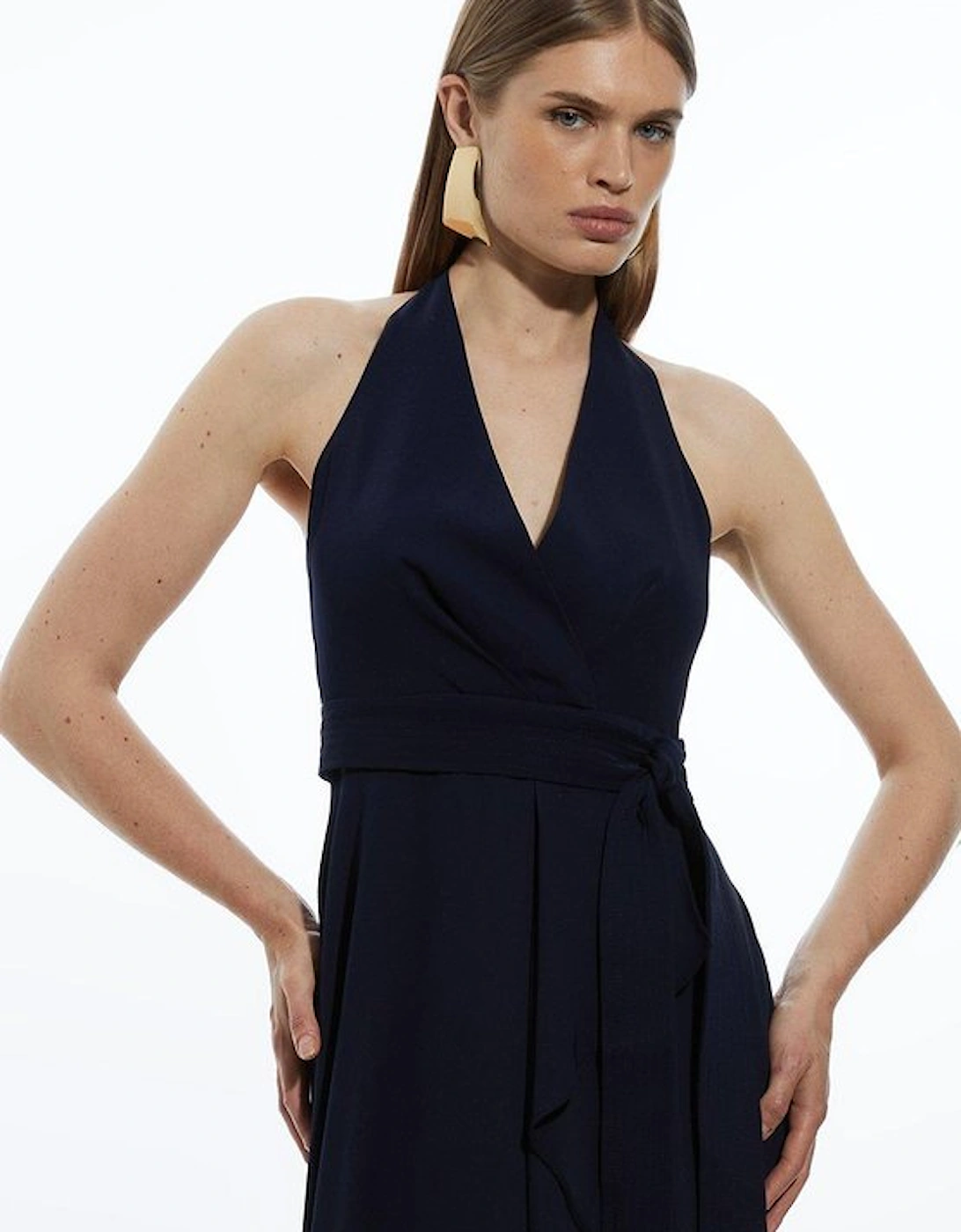 Soft Tailored Waterfall Halter Maxi Dress