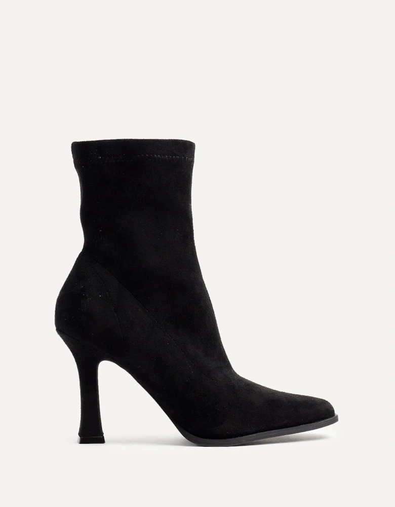 Noelle Black Suede Square Toe Heeled Sock Boot
