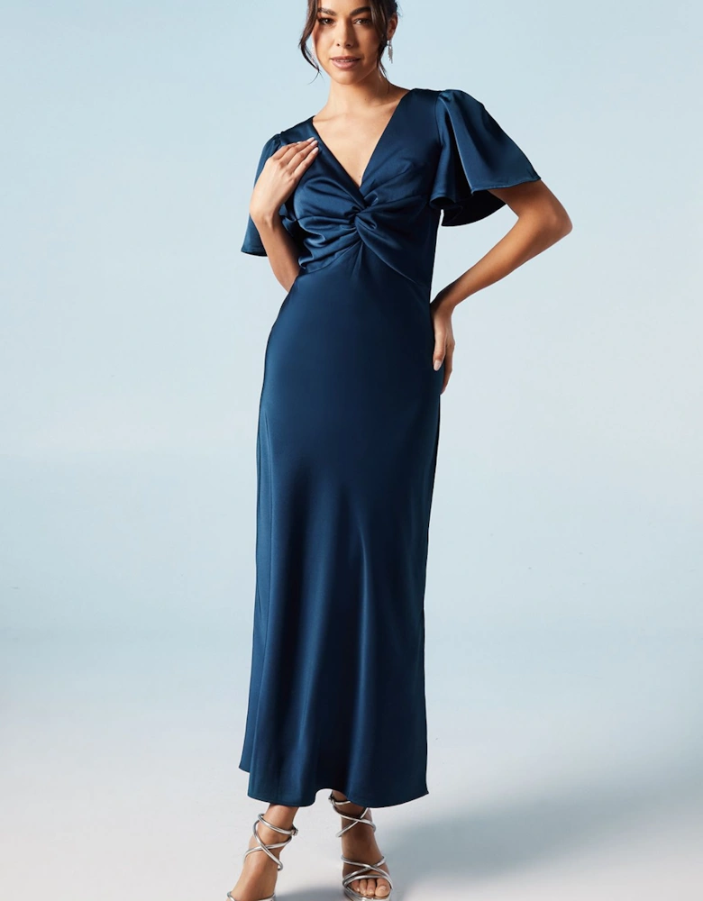 Satin Twist Front Angel Sleeve Midi Bridesmaid Dress