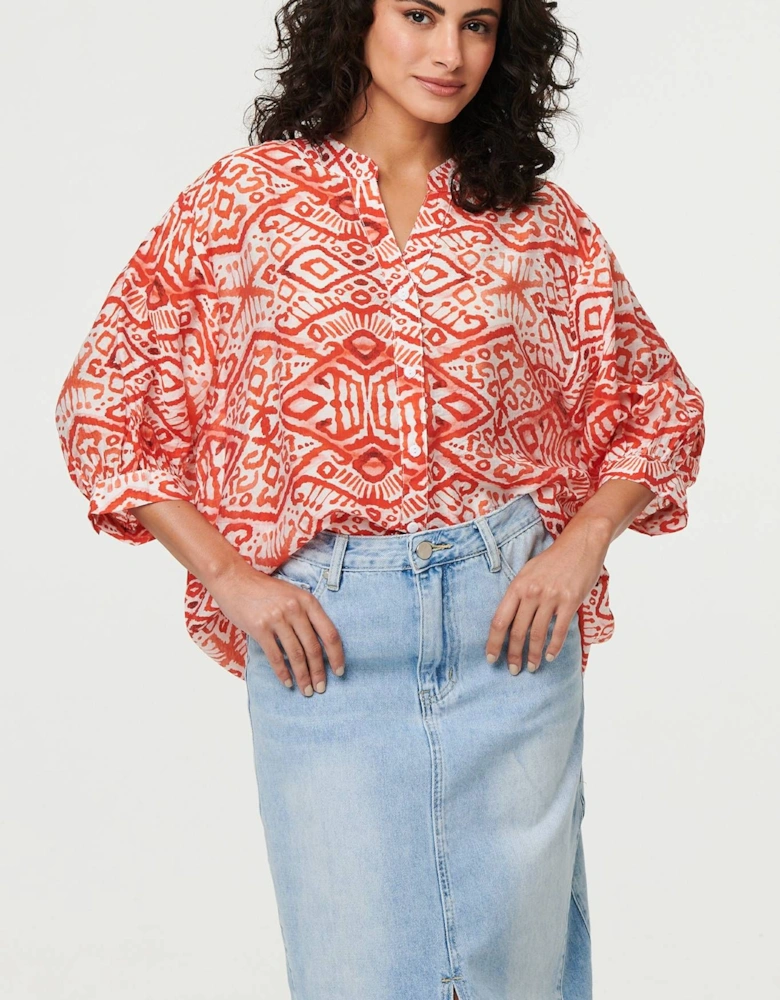 Aztec Print 3/4 Sleeve Relaxed Blouse