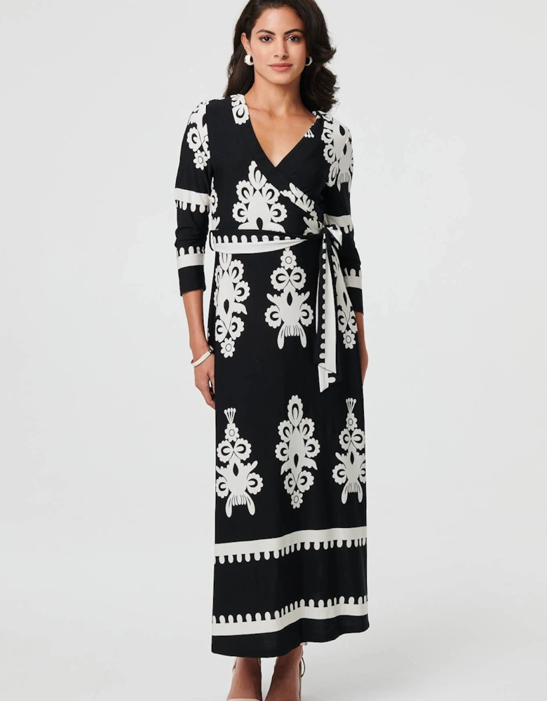 Ikat Print 3/4 Sleeve Wrap Maxi Dress