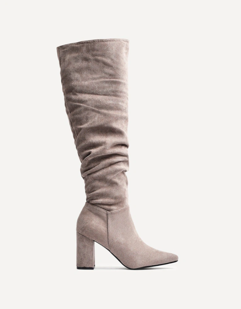 Bonnie Mocha Suede Block Heel Knee High Ruched Boot