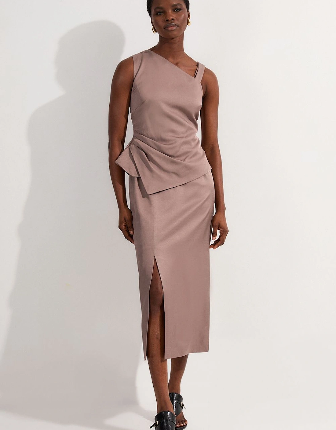 Petite Premium Viscose Linen Asymmetric Neck Tailored Pencil Maxi Dress, 2 of 1