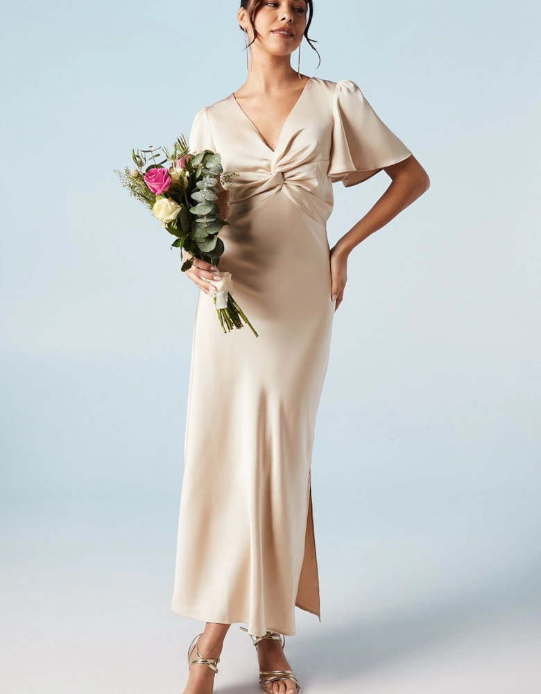 Satin Twist Front Angel Sleeve Midi Bridesmaid Dress