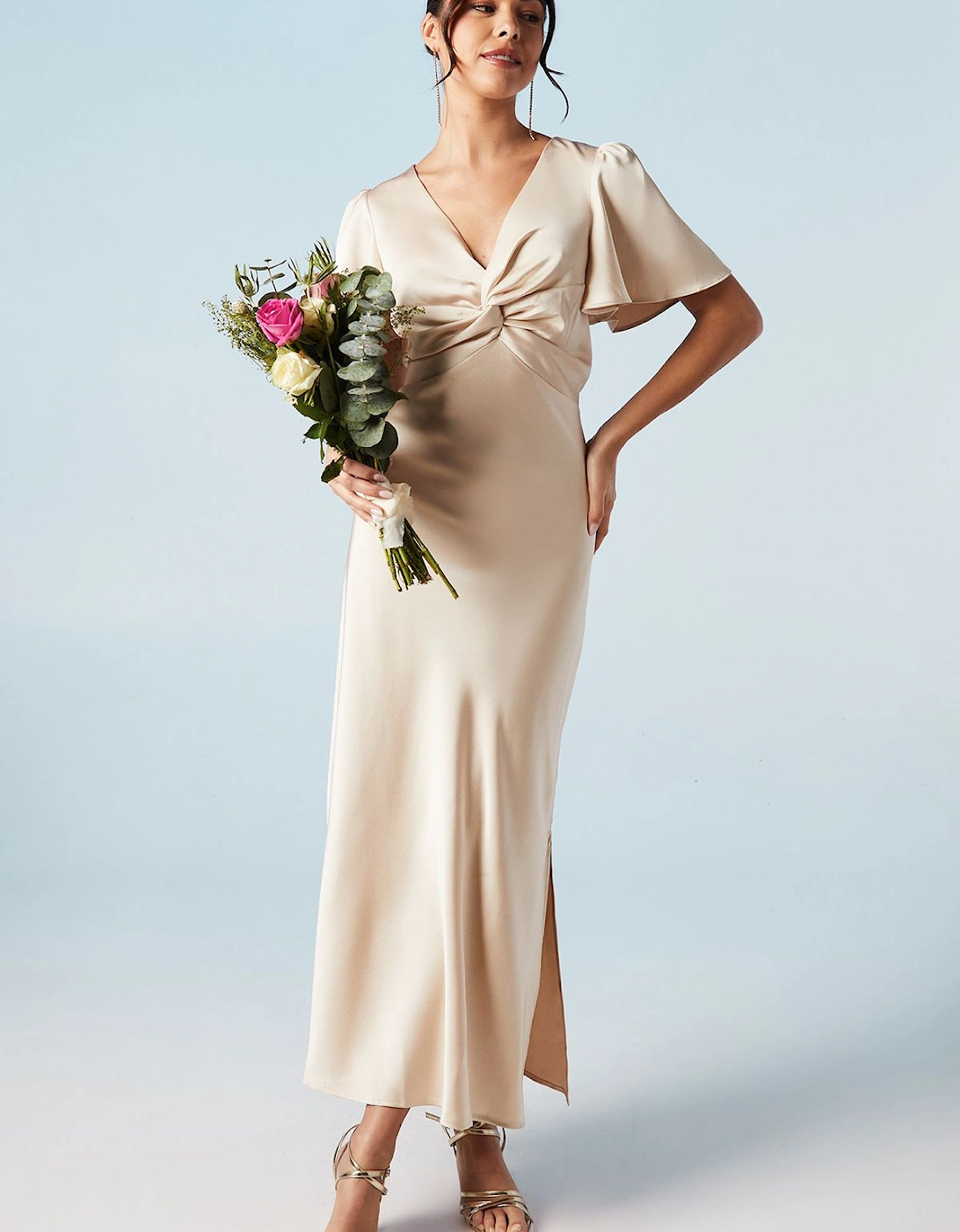 Satin Twist Front Angel Sleeve Midi Bridesmaid Dress, 2 of 1