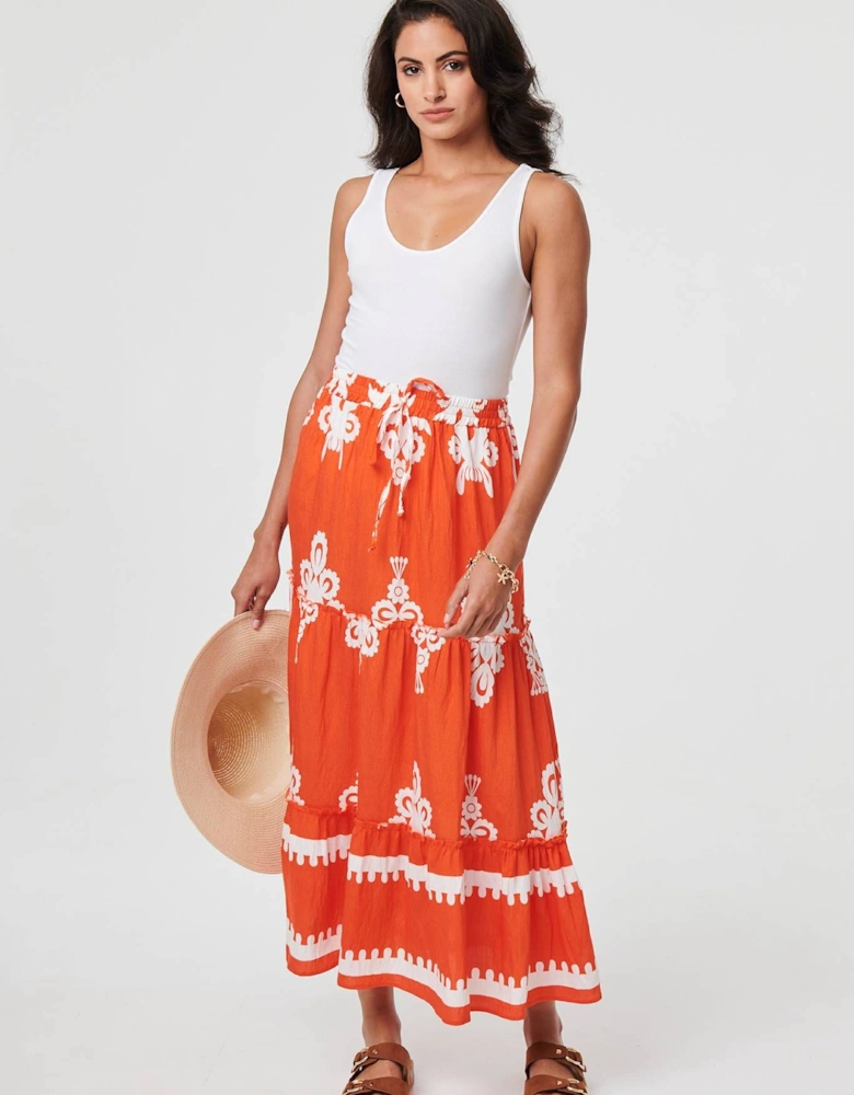 Ikat Print Tiered High Waist Midi Skirt