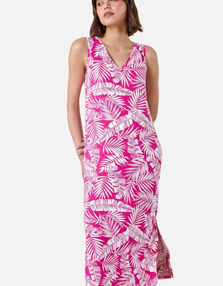 Leaf Print Stretch Midi Dress