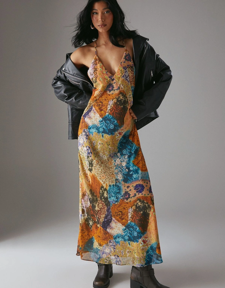 HCD Mixed print Chiffon Strappy Bias Midi Slip Dress