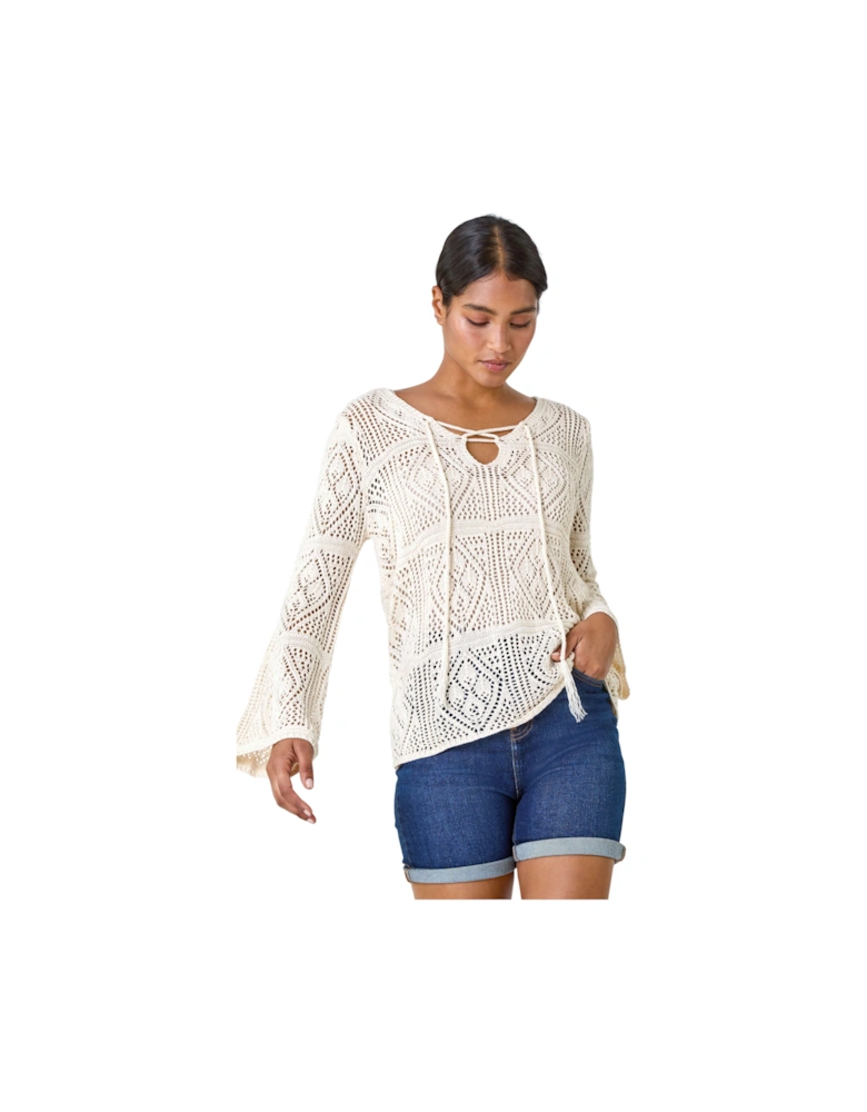 Crochet Tie Front  V-Neck Tunic Top