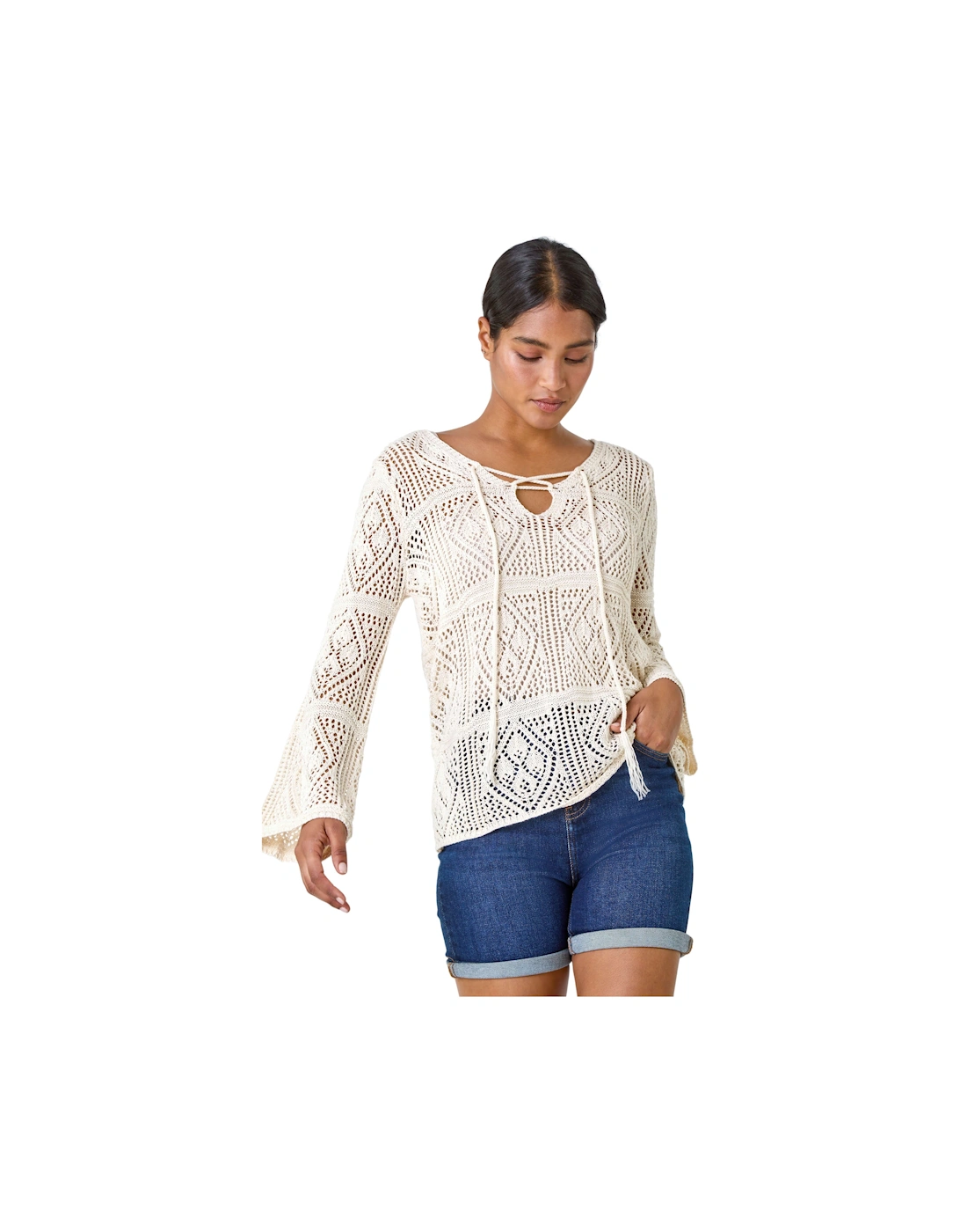 Crochet Tie Front  V-Neck Tunic Top, 2 of 1