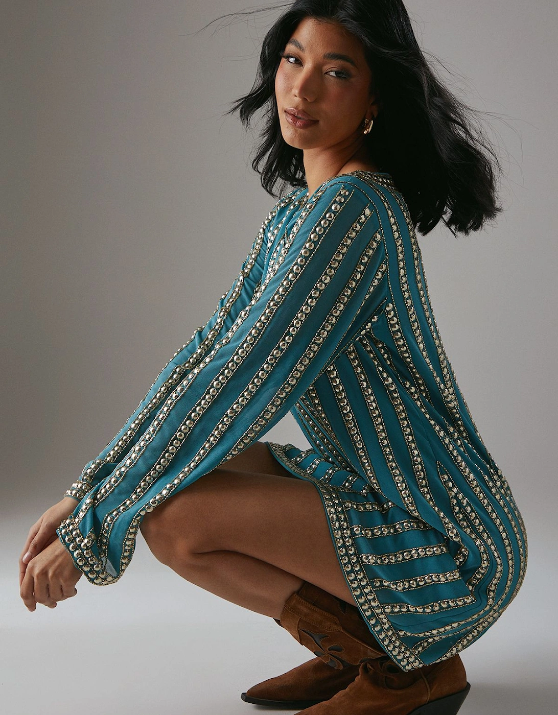 HCD Hand Embellished Sequin Slash Neck Mini Dress, 2 of 1