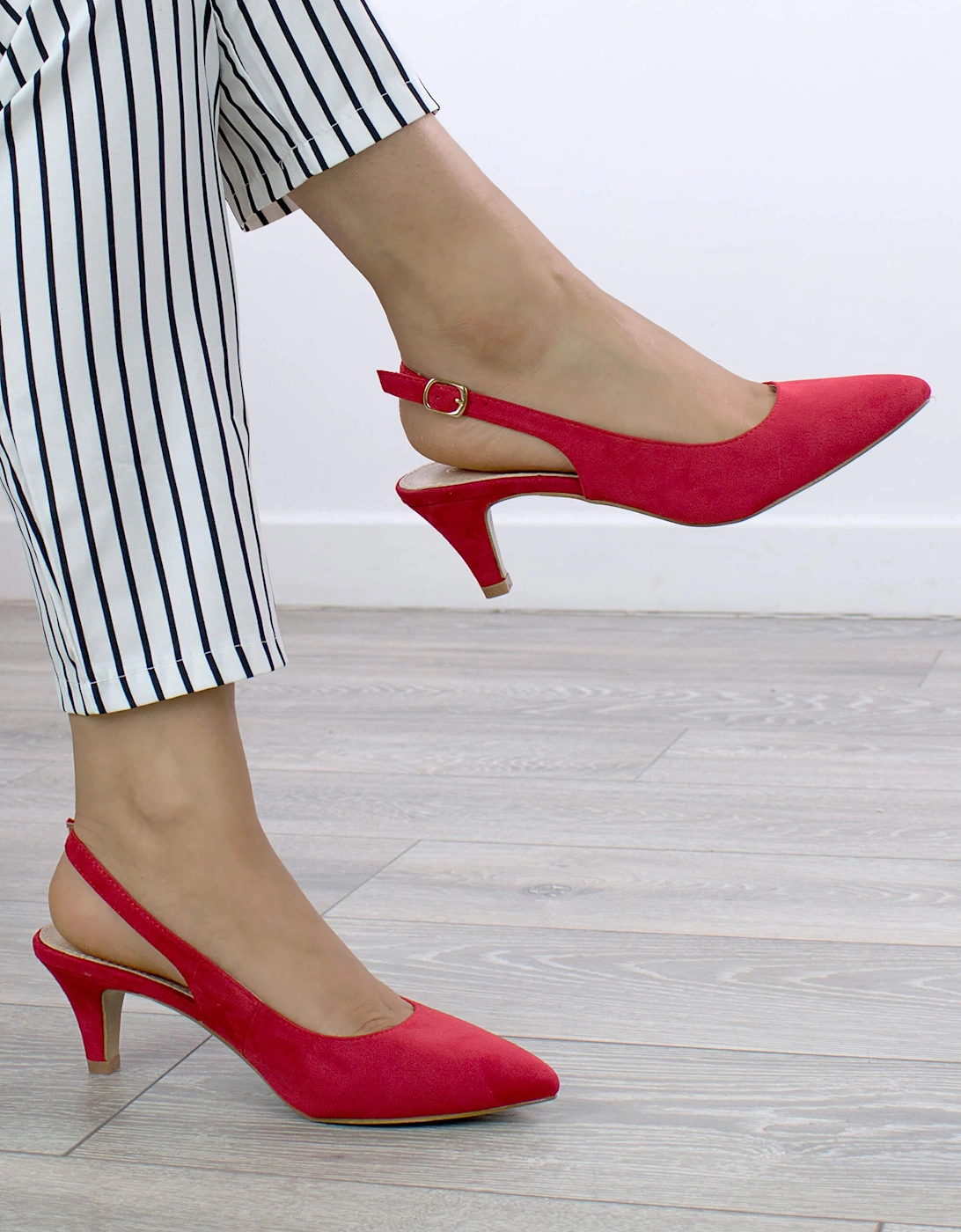 Mid Slim Heel Pointed Toe Slingback 50s Faux Suede Court Shoes, 2 of 1