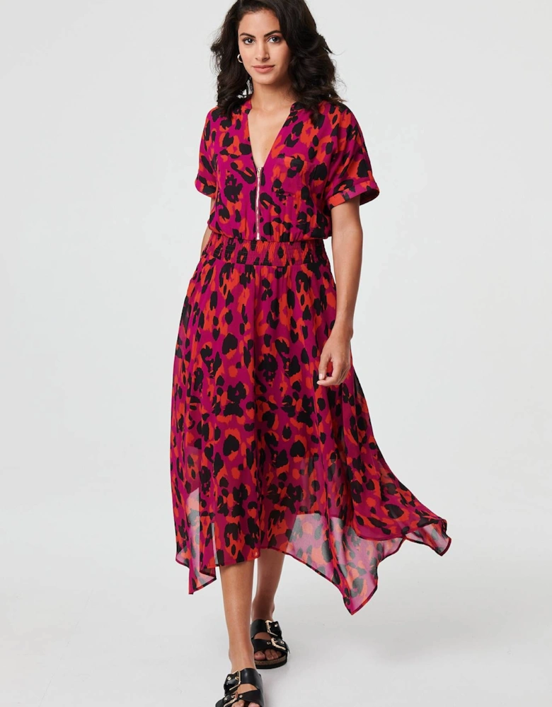 Animal Print Zip Hanky Hem Midi Dress