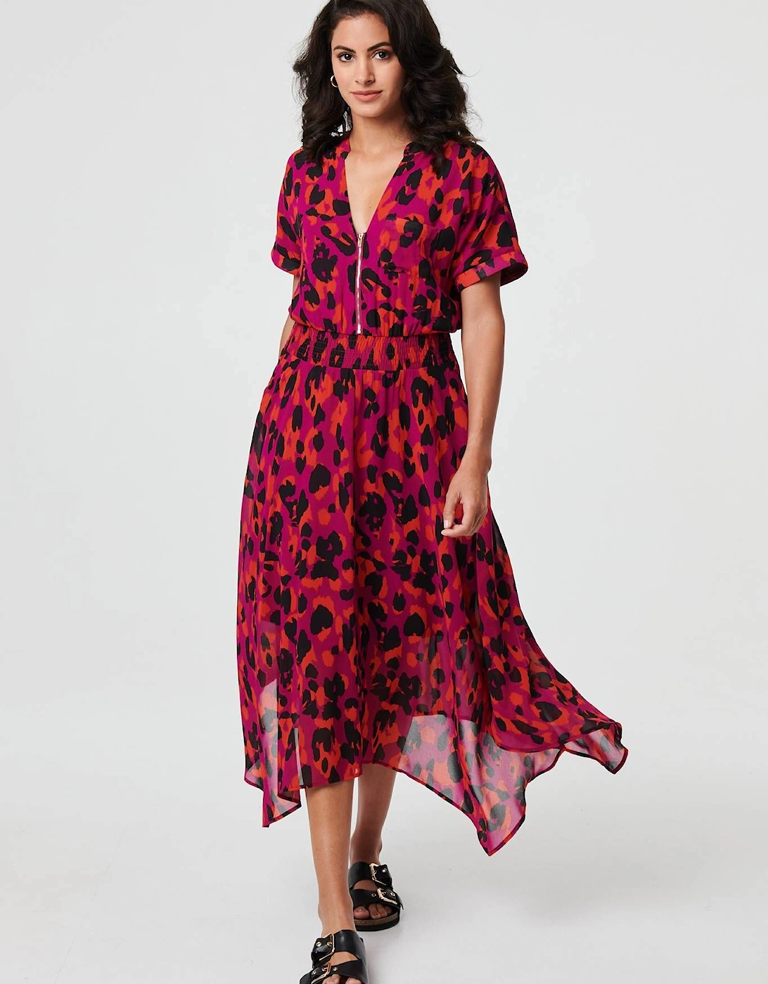 Animal Print Zip Hanky Hem Midi Dress, 2 of 1