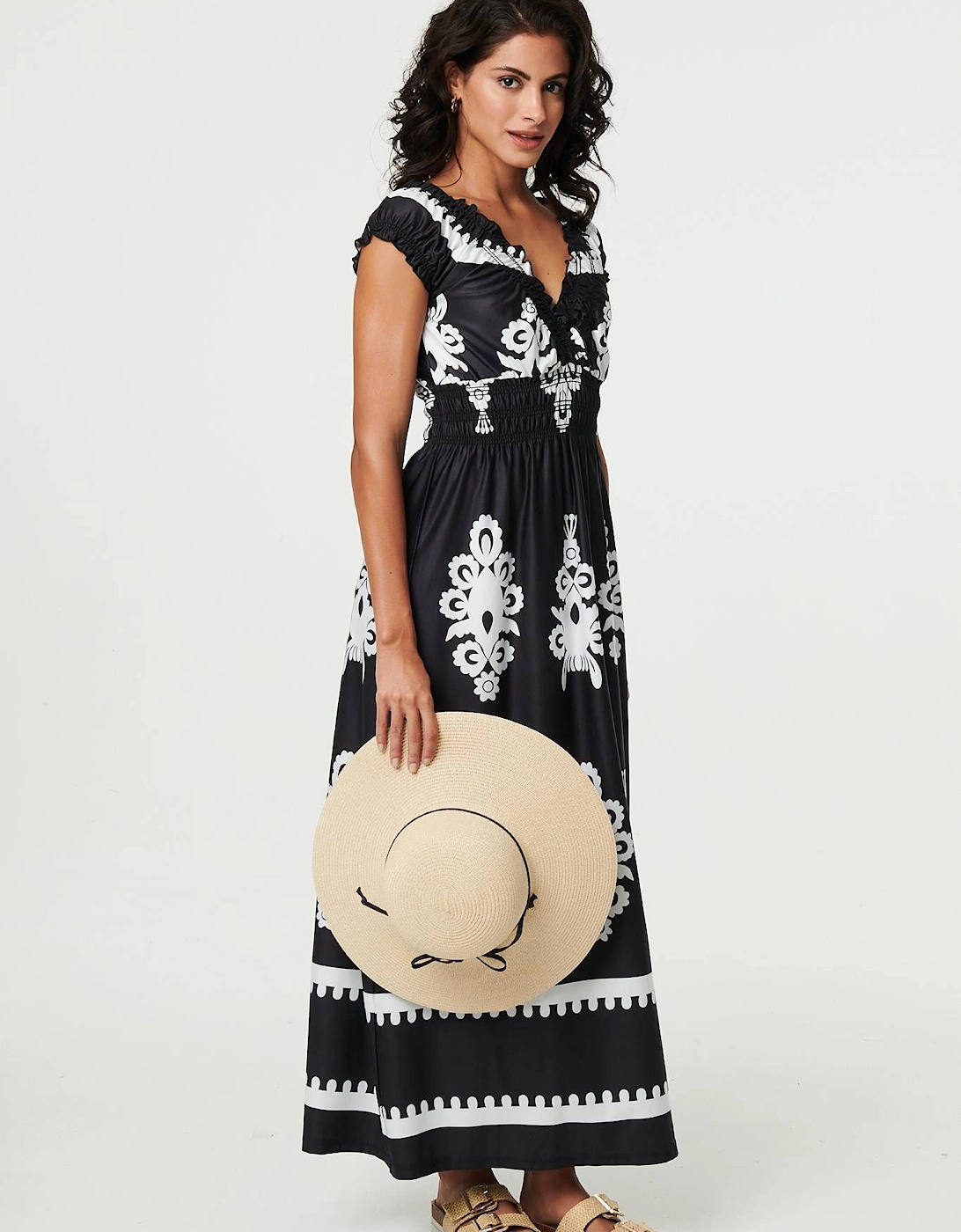 Ikat Print Ruched Cap Sleeve Maxi Dress, 2 of 1