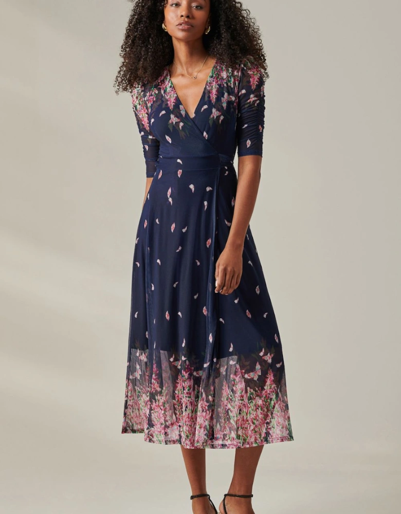 Stella Floral Print Wrap Mesh Maxi Dress