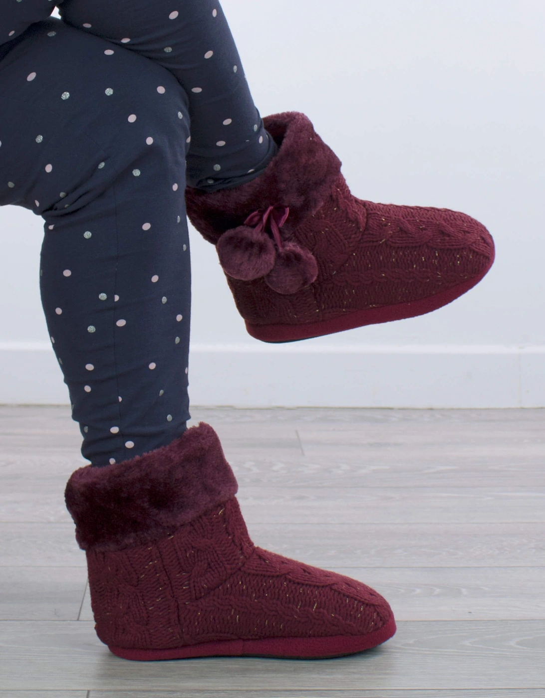 Heel Glitter Cable Knit Pom Pom Ankle Boots  Slippers, 2 of 1