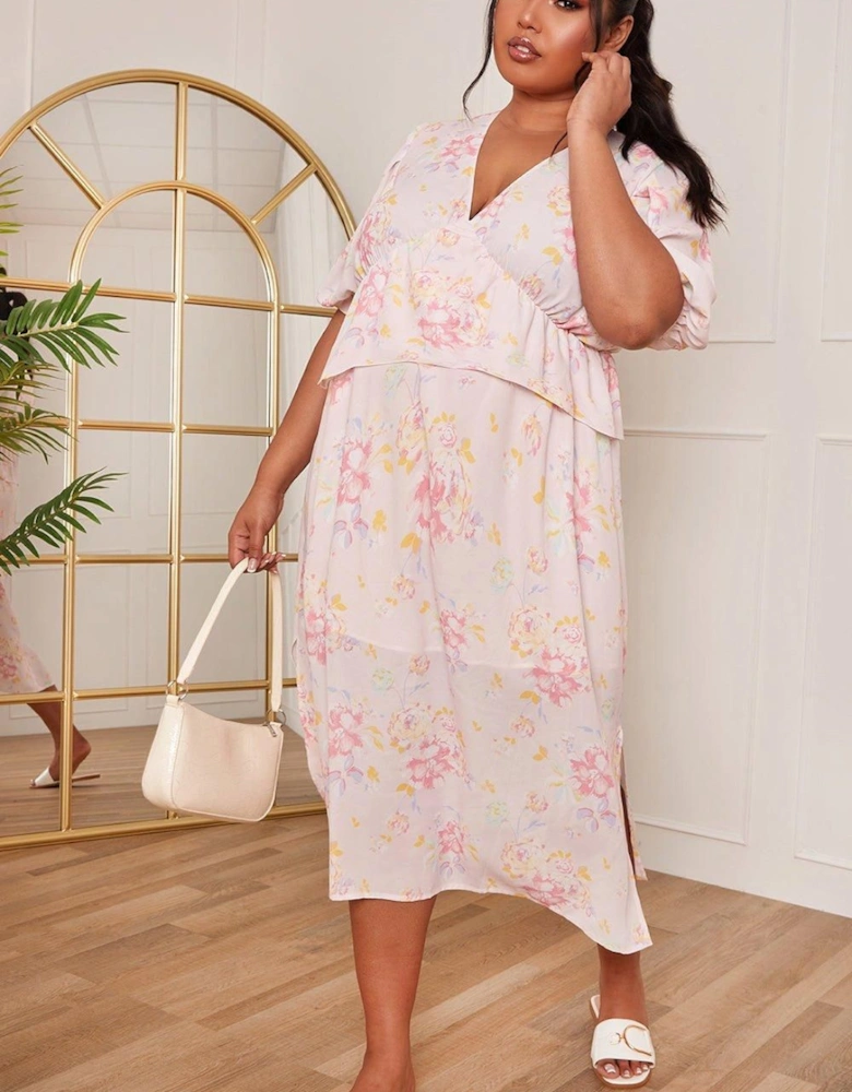 Plus Size Short Sleeve Floral Printed Midi Dress