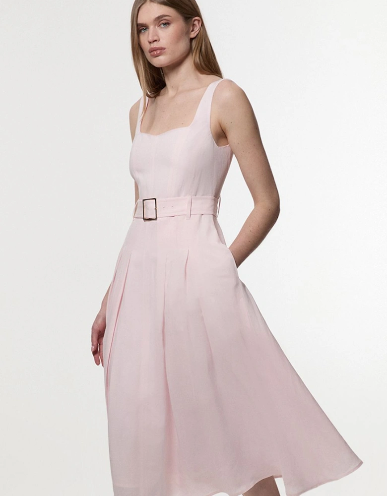 Premium Tailored Linen Belted Strappy Full Midi Dress