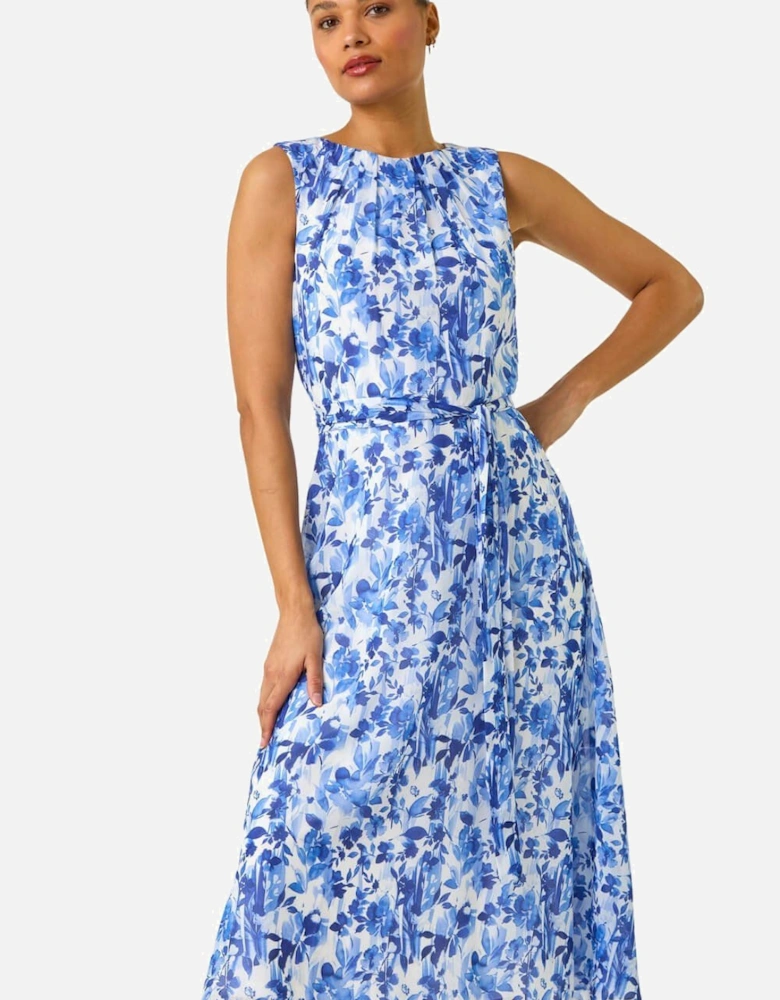 Floral Print Pleat Neck Midi Dress