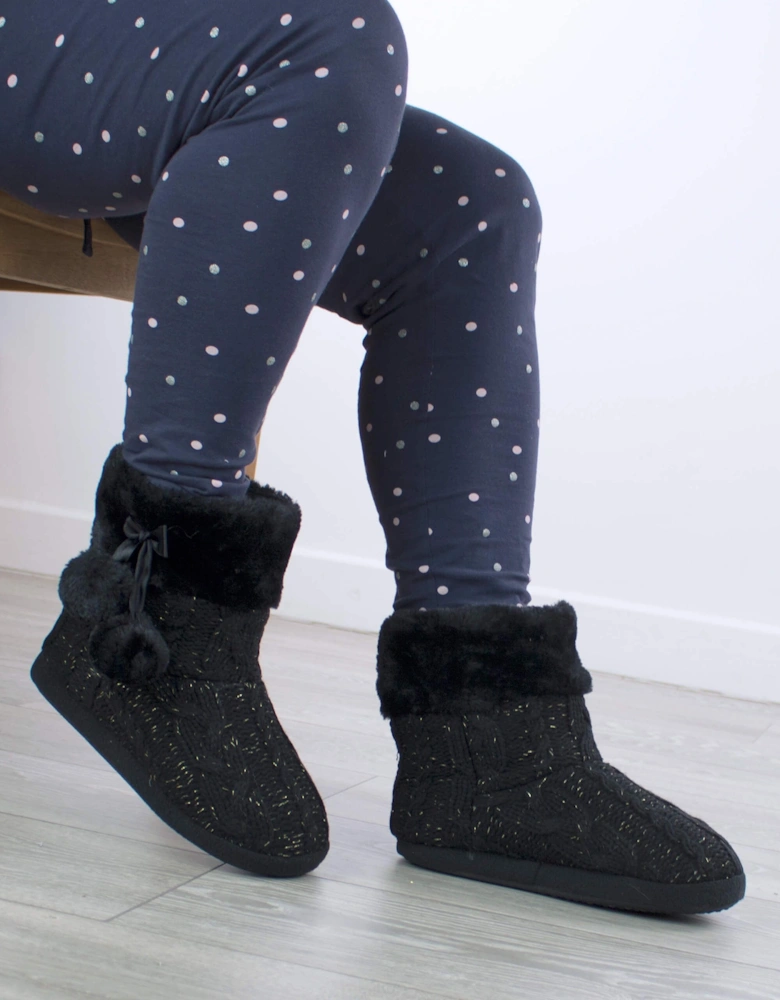 Heel Glitter Cable Knit Pom Pom Ankle Boots  Slippers