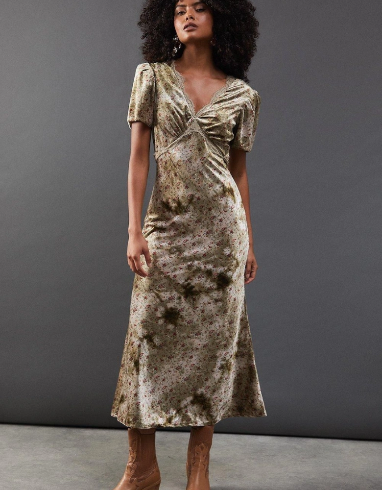 Rose Velvet V Neck Midi Tea Dress