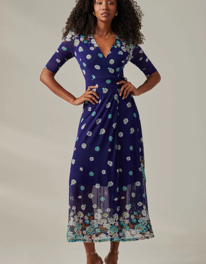 Stella Floral Print Wrap Mesh Maxi Dress