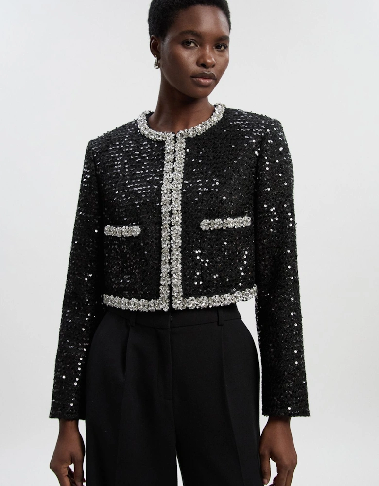 Petite Tailored Sequin Tweed Embellished Cropped Jacket