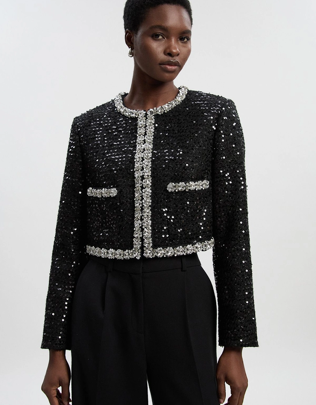 Petite Tailored Sequin Tweed Embellished Cropped Jacket, 2 of 1