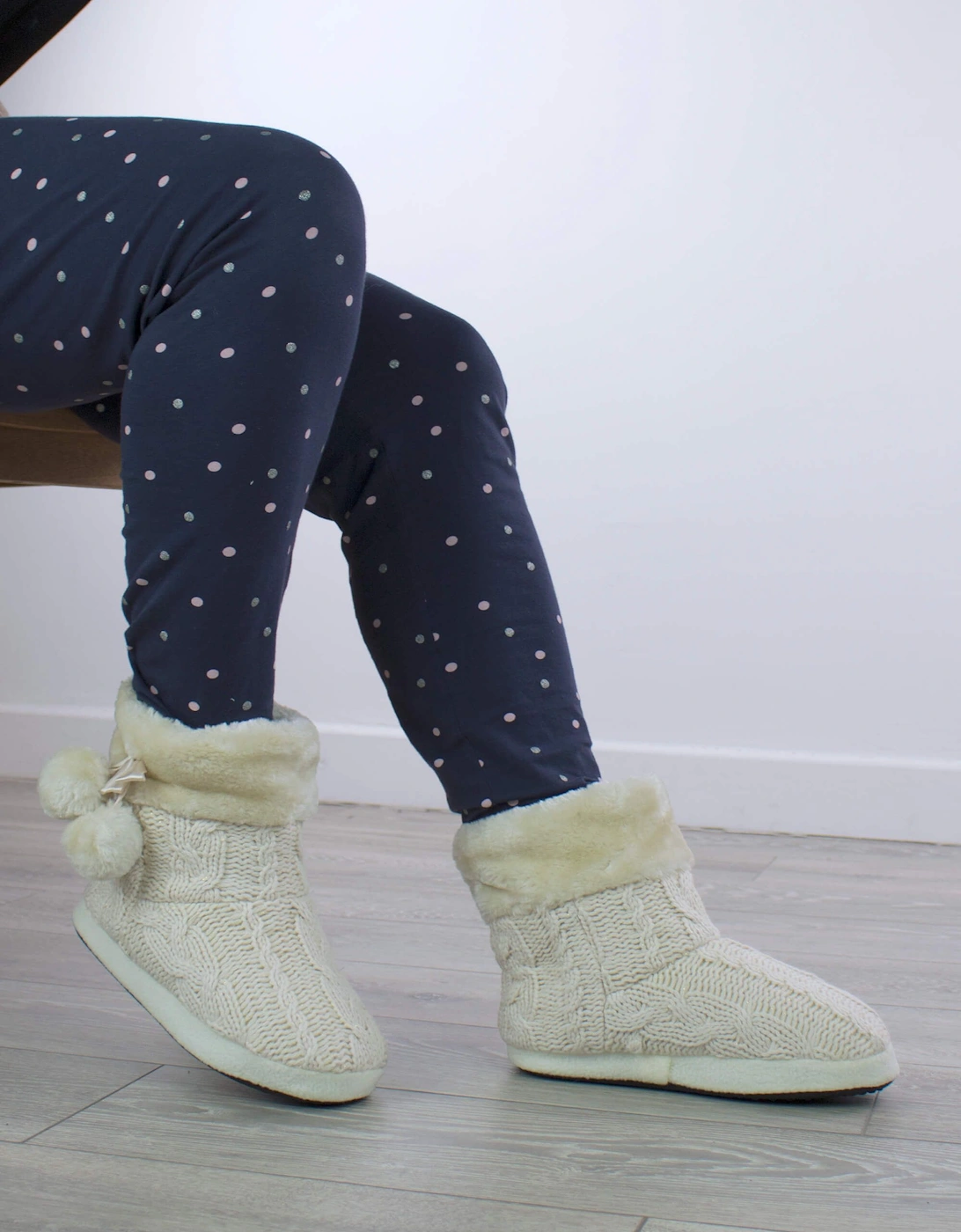 Heel Glitter Cable Knit Pom Pom Ankle Boots  Slippers, 2 of 1