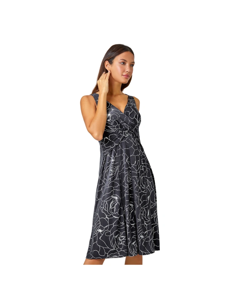Floral Glitter Print Midi Stretch Dress