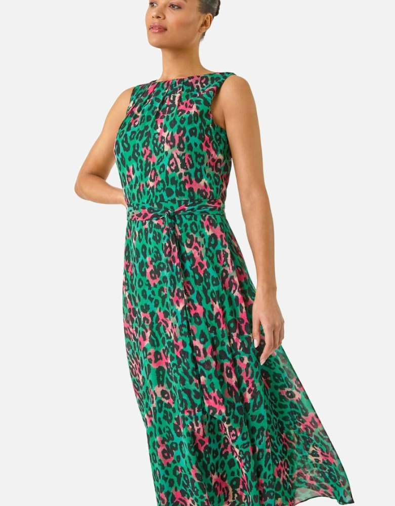 Animal Print Pleated Midi Dress