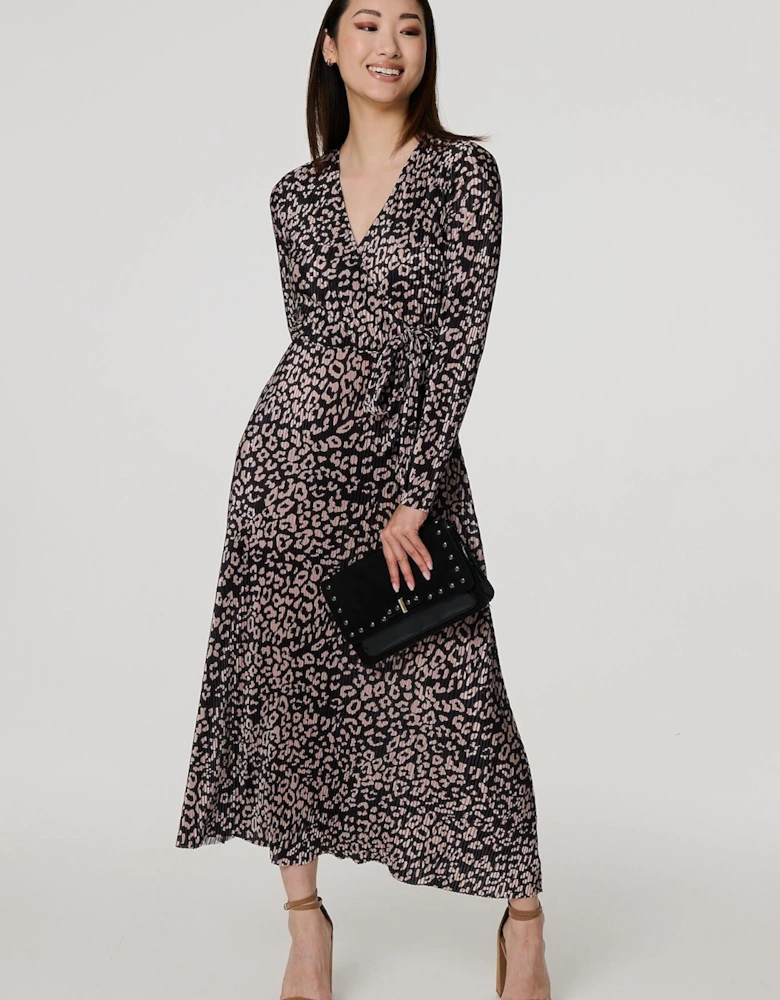 Animal Print Pleated Wrap Midi Dress