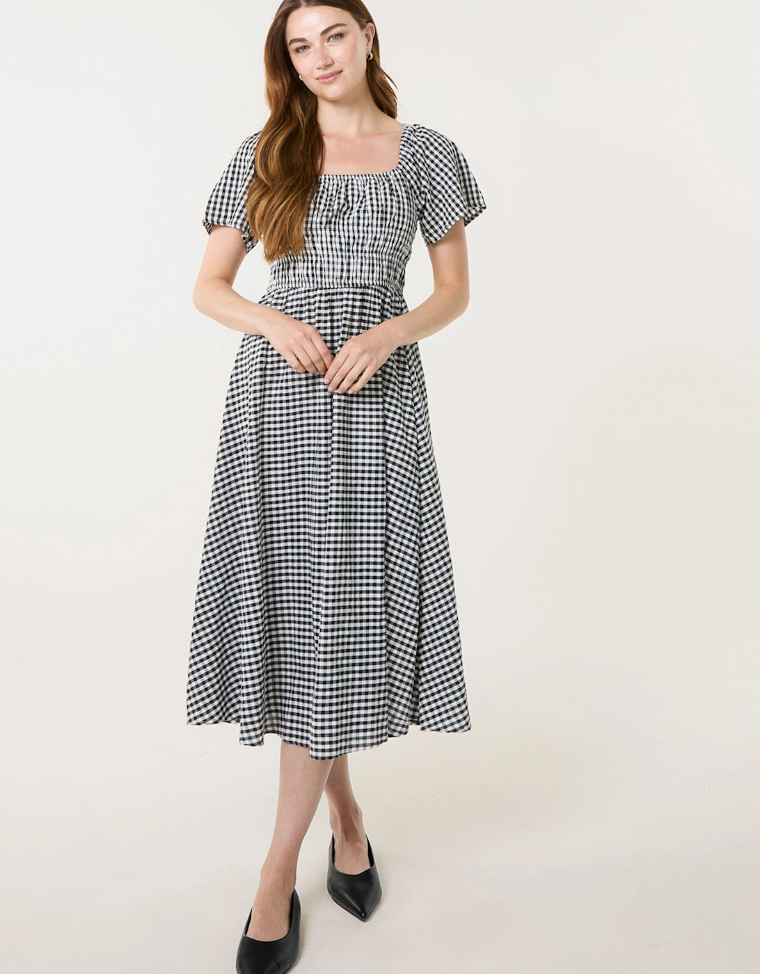 Black Shirred Gingham Midi Dress, 2 of 1