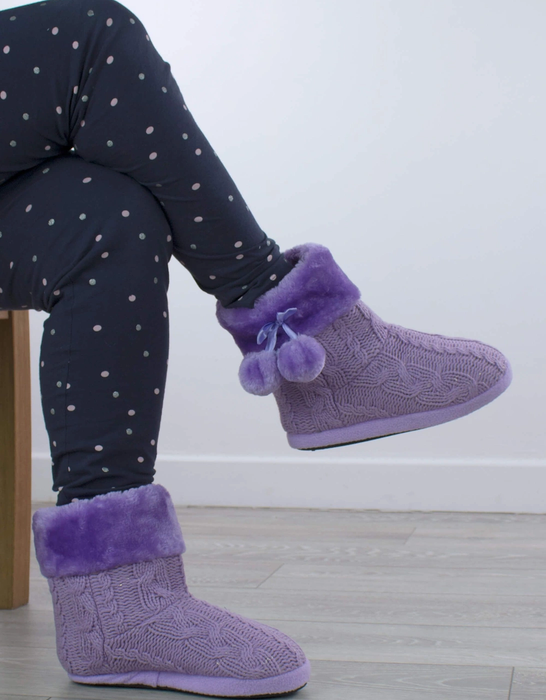 Heel Glitter Cable Knit Pom Pom Ankle Boots  Slippers, 2 of 1