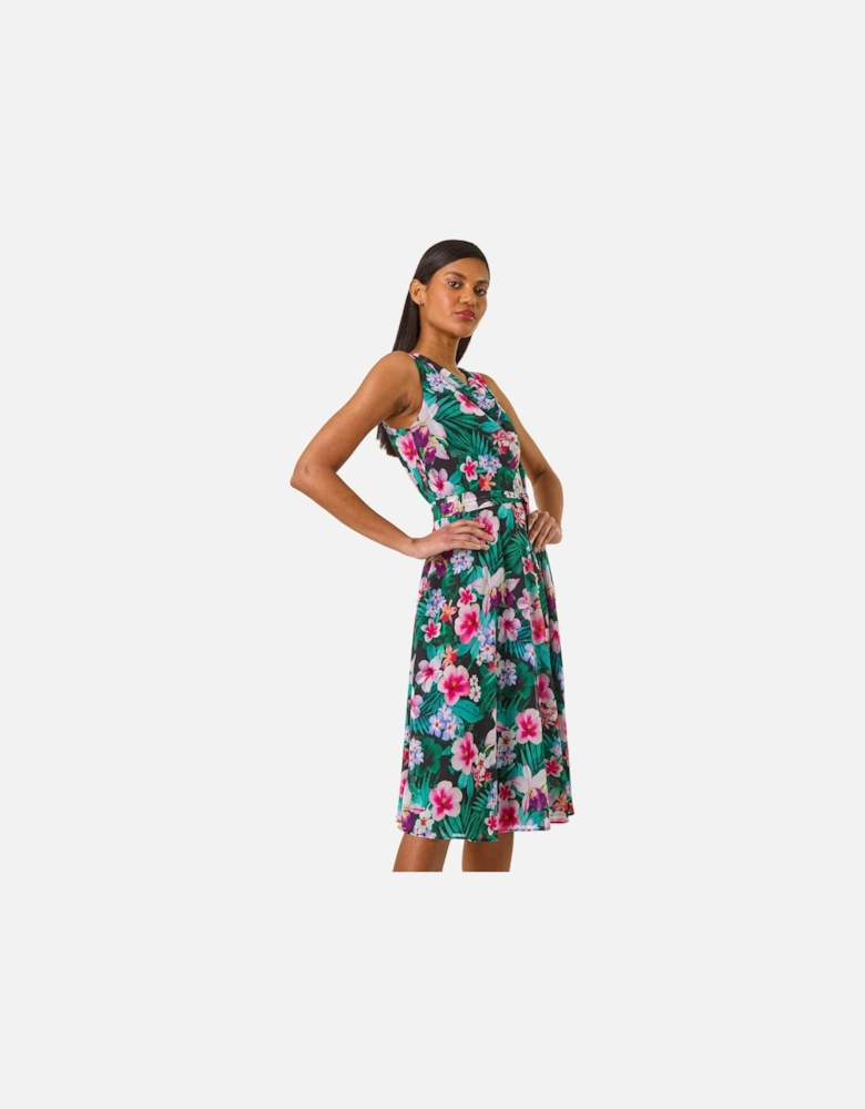 Floral Print Chiffon Cowl Neck Dress