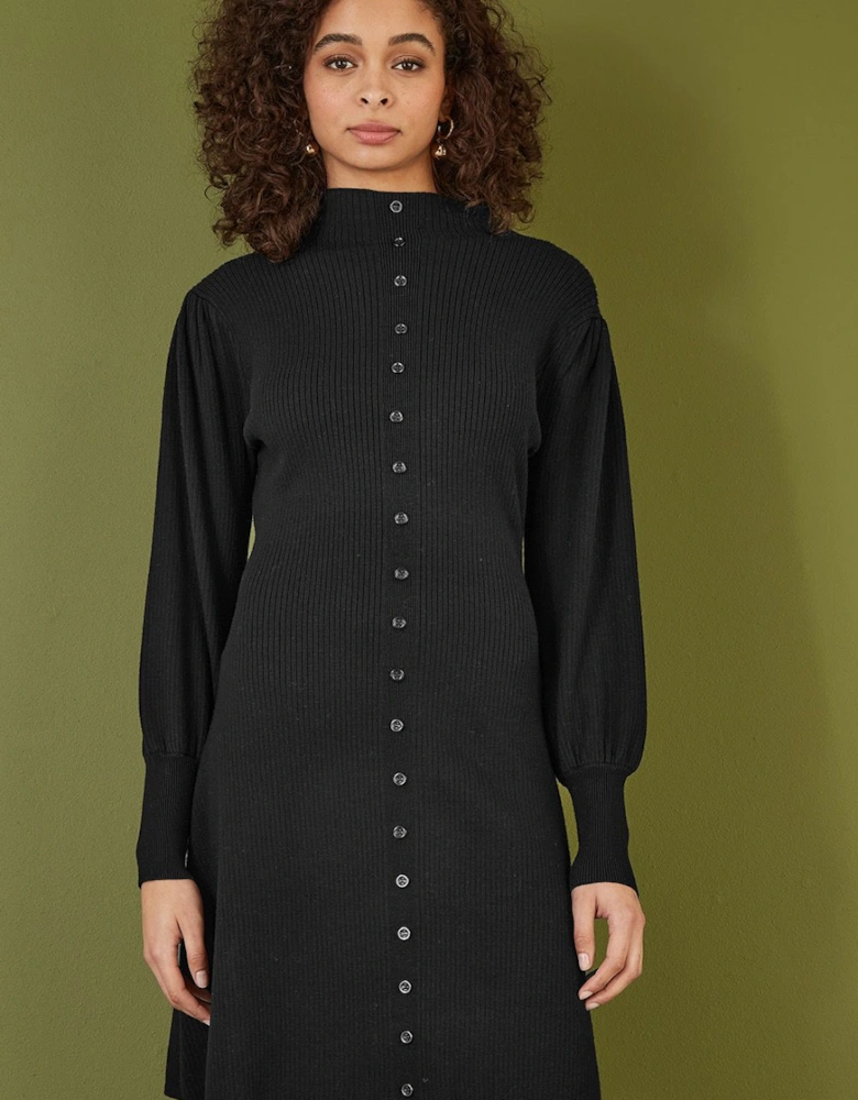 Black Knitted Button Up Midi Dress With Balloon Sleeves